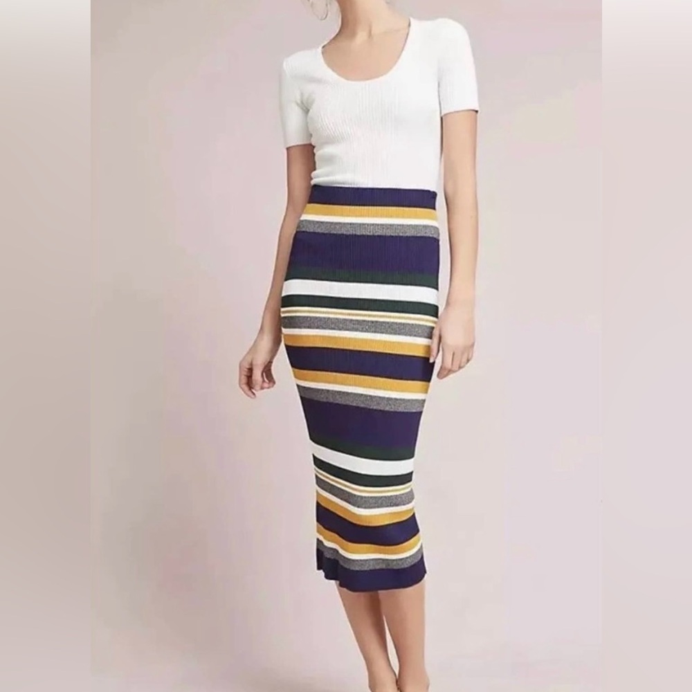 Anthropologie Callahan Greenwich Striped Stretchy Ribbed Knit Midi Skirt, XS